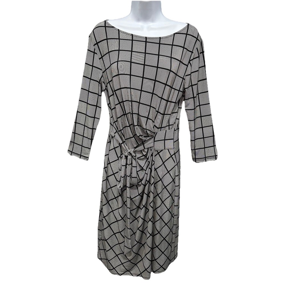 Ann Taylor Midi Dress Womens Medium Black Stripes Stretch 3/4 Sleeves Office